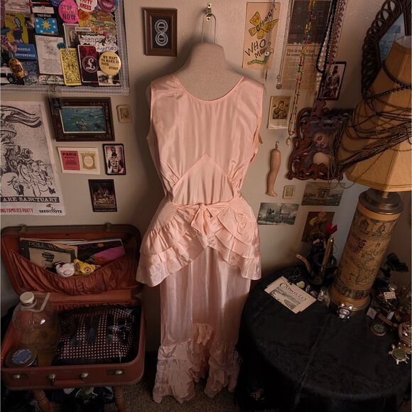 Vintage 1930s Party Dress Women's Medium Pink Frilly Tiered Evening Antique - Picture 2 of 6